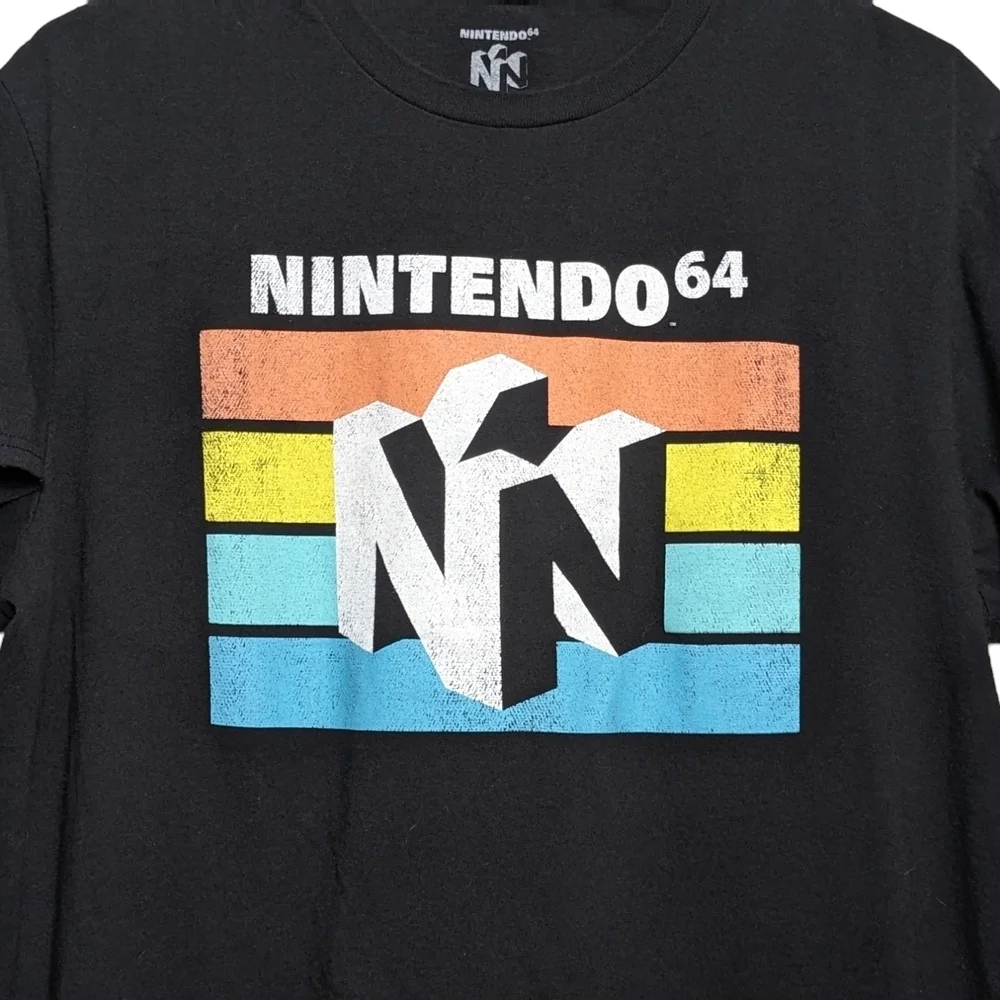 Nintendo 64 Black T-Shirt N64 Logo Over Stripes Men's Large Vintage Look EUC